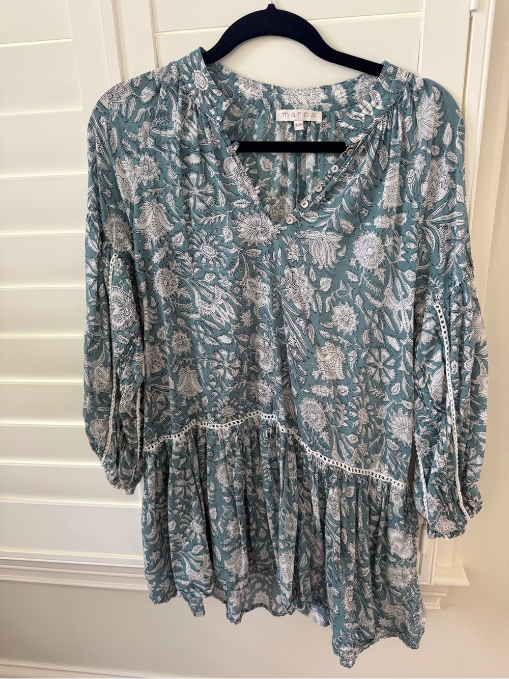 Marea Teal Floral Peasant Top - Boho 3/4 Sleeve